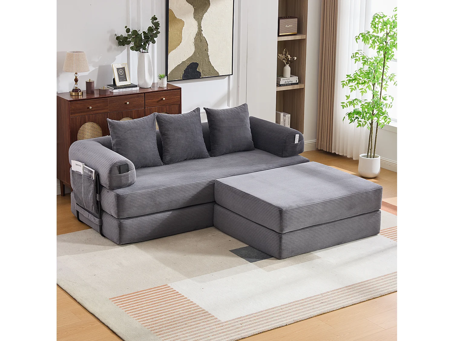 Modulares 3-Sitzer-Sofa – 200 x 190 x 67 cm – mit 3 Kissen + Seitentasche – Cord – dunkelgrau