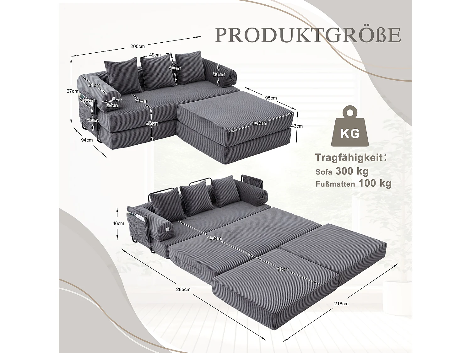 Modulares 3-Sitzer-Sofa – 200 x 190 x 67 cm – mit 3 Kissen + Seitentasche – Cord – dunkelgrau