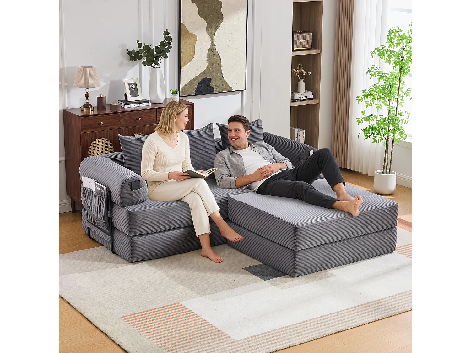 Modulares 3-Sitzer-Sofa – 200 x 190 x 67 cm – mit 3 Kissen + Seitentasche – Cord – dunkelgrau