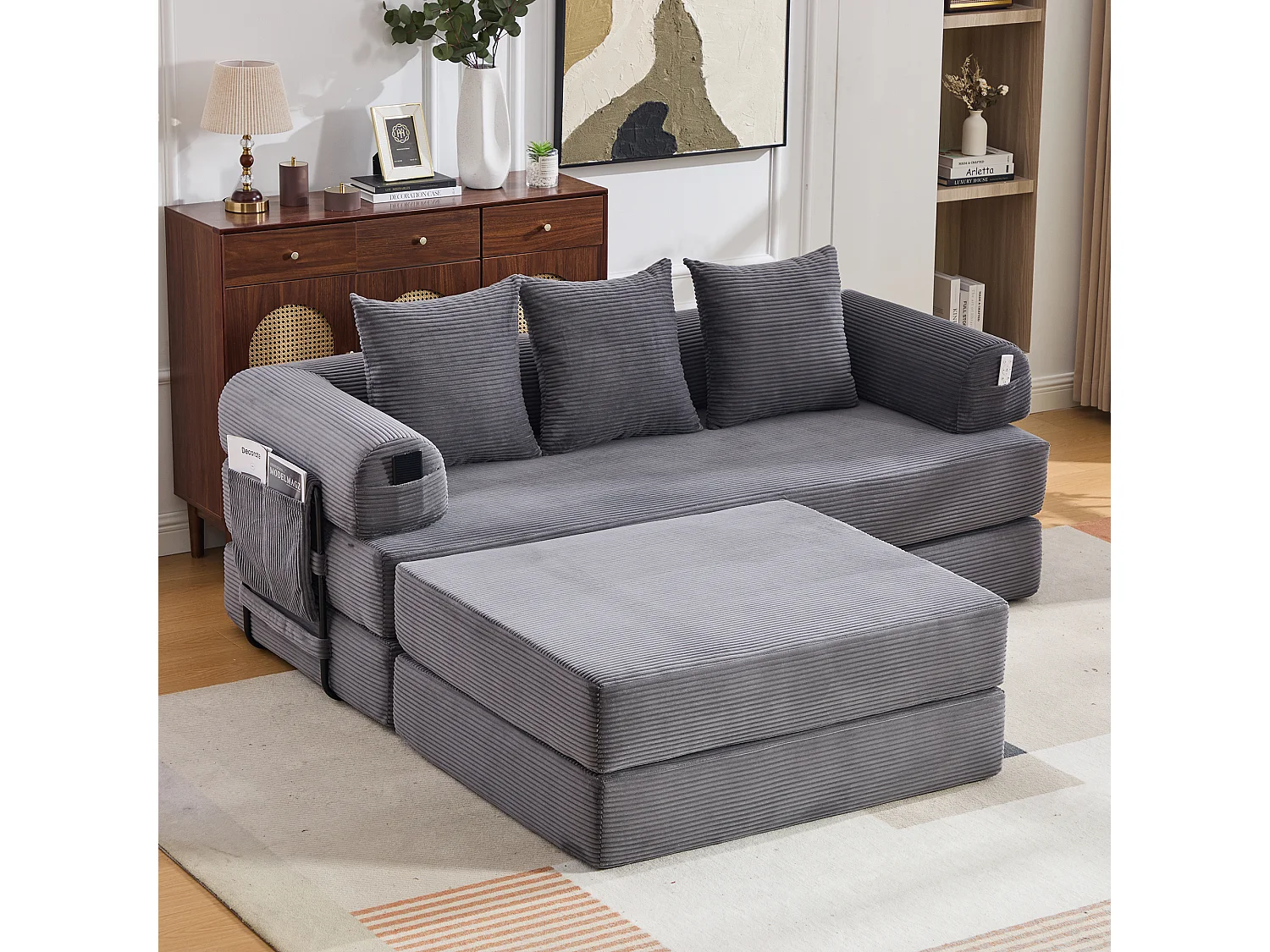 Modulares 3-Sitzer-Sofa – 200 x 190 x 67 cm – mit 3 Kissen + Seitentasche – Cord – dunkelgrau