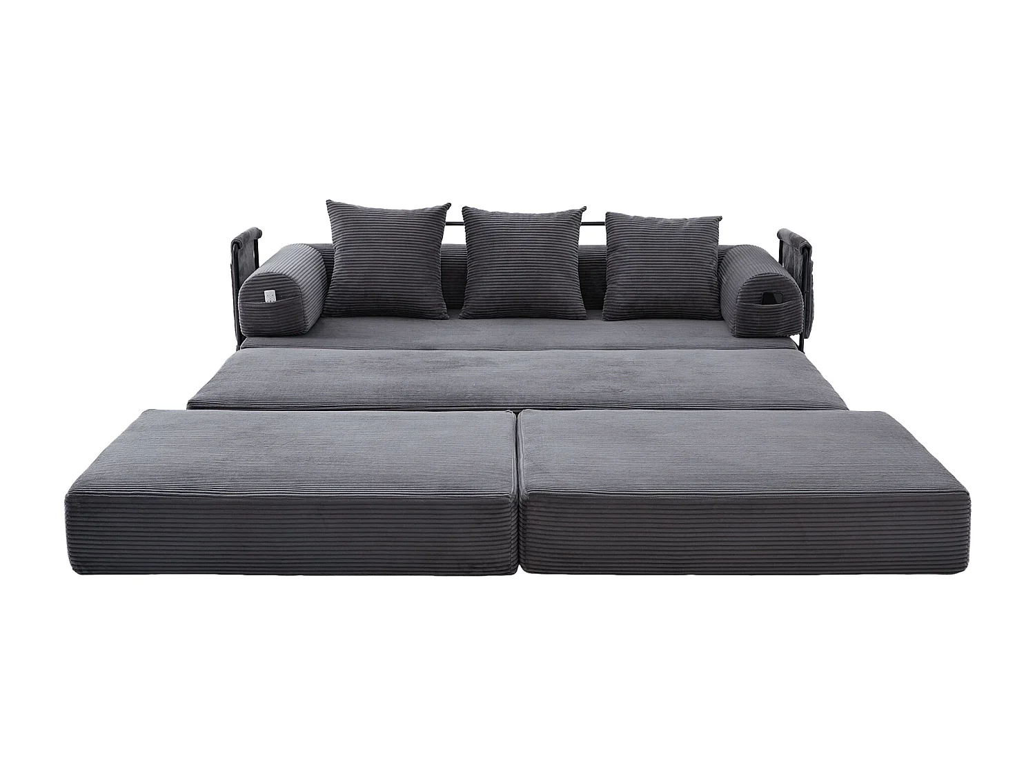 Modulares 3-Sitzer-Sofa – 200 x 190 x 67 cm – mit 3 Kissen + Seitentasche – Cord – dunkelgrau