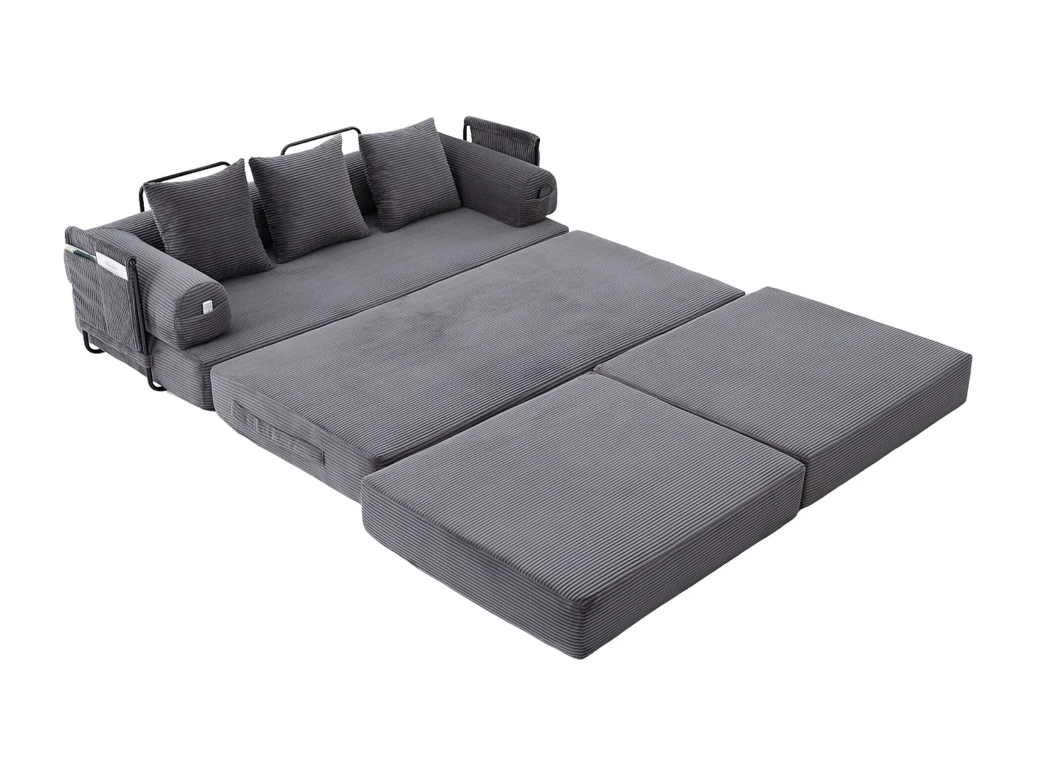 Modulares 3-Sitzer-Sofa – 200 x 190 x 67 cm – mit 3 Kissen + Seitentasche – Cord – dunkelgrau
