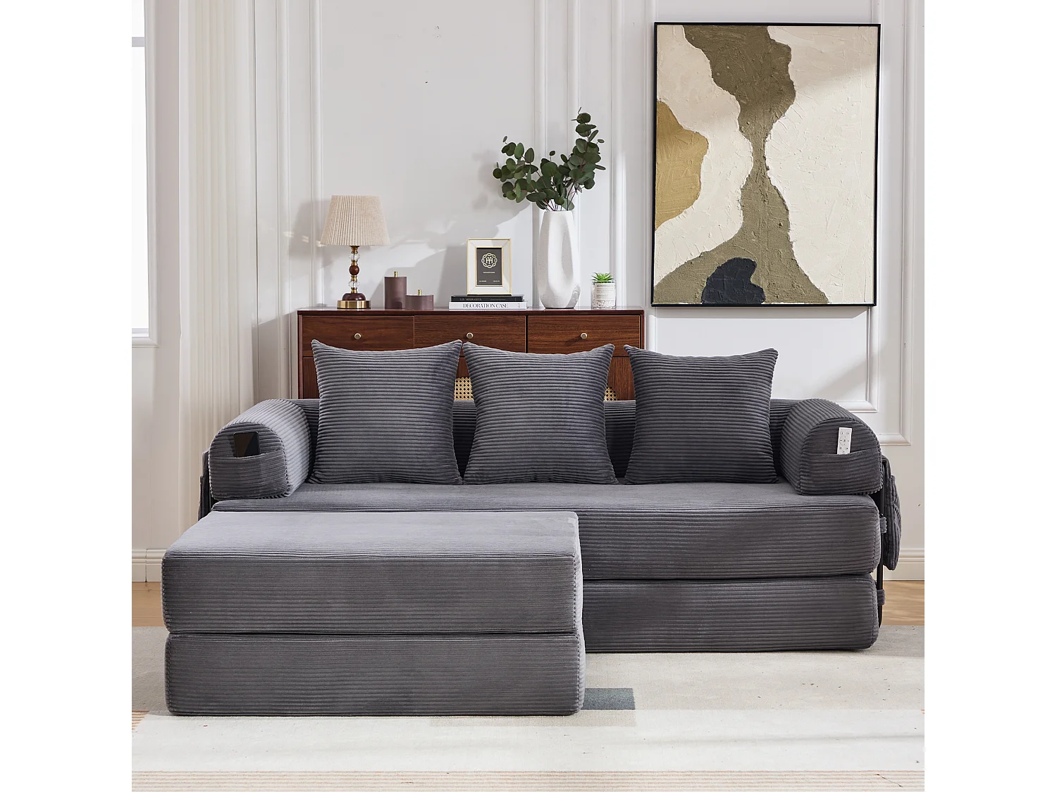 Modulares 3-Sitzer-Sofa – 200 x 190 x 67 cm – mit 3 Kissen + Seitentasche – Cord – dunkelgrau