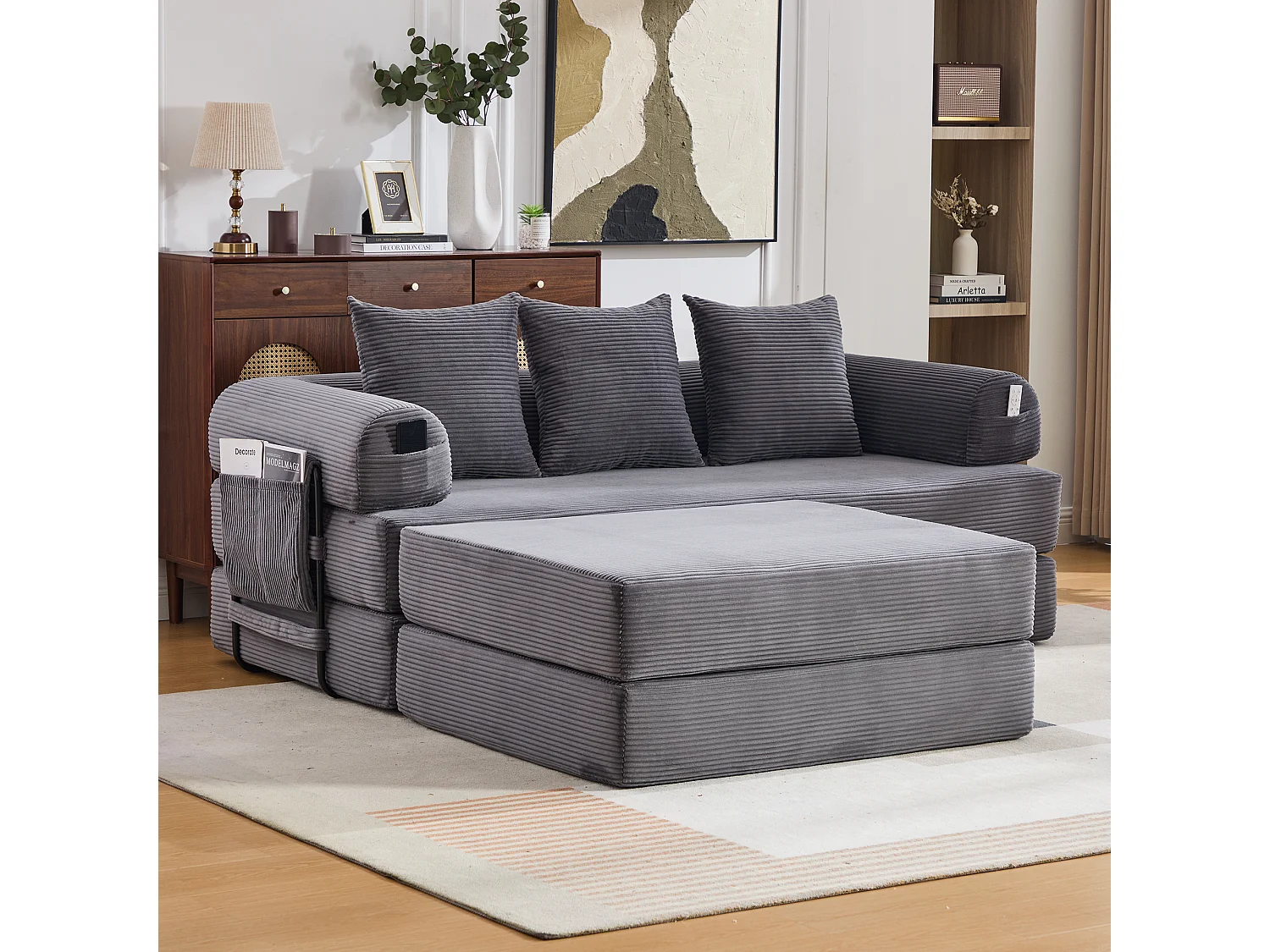 Modulares 3-Sitzer-Sofa – 200 x 190 x 67 cm – mit 3 Kissen + Seitentasche – Cord – dunkelgrau