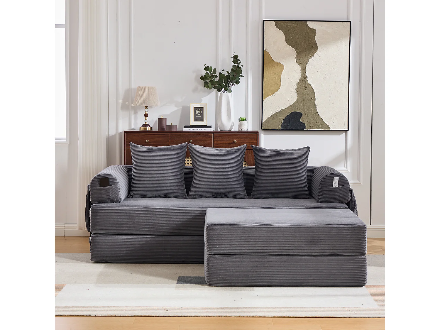 Modulares 3-Sitzer-Sofa – 200 x 190 x 67 cm – mit 3 Kissen + Seitentasche – Cord – dunkelgrau