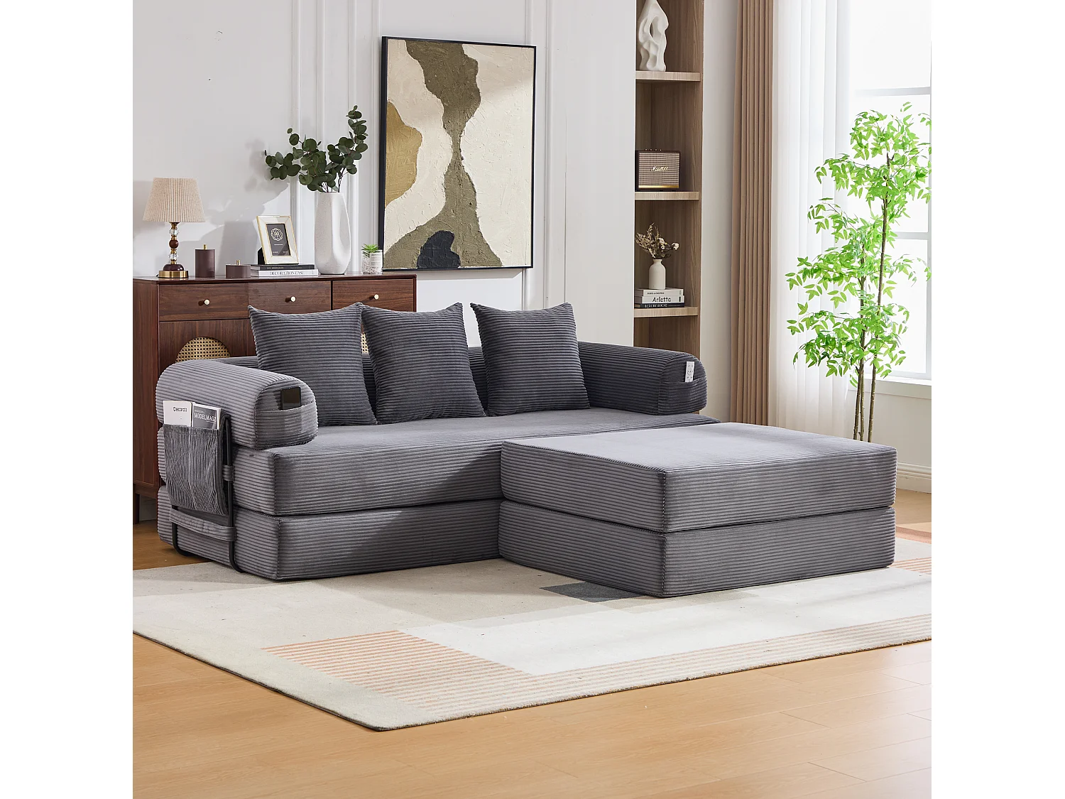 Modulares 3-Sitzer-Sofa – 200 x 190 x 67 cm – mit 3 Kissen + Seitentasche – Cord – dunkelgrau