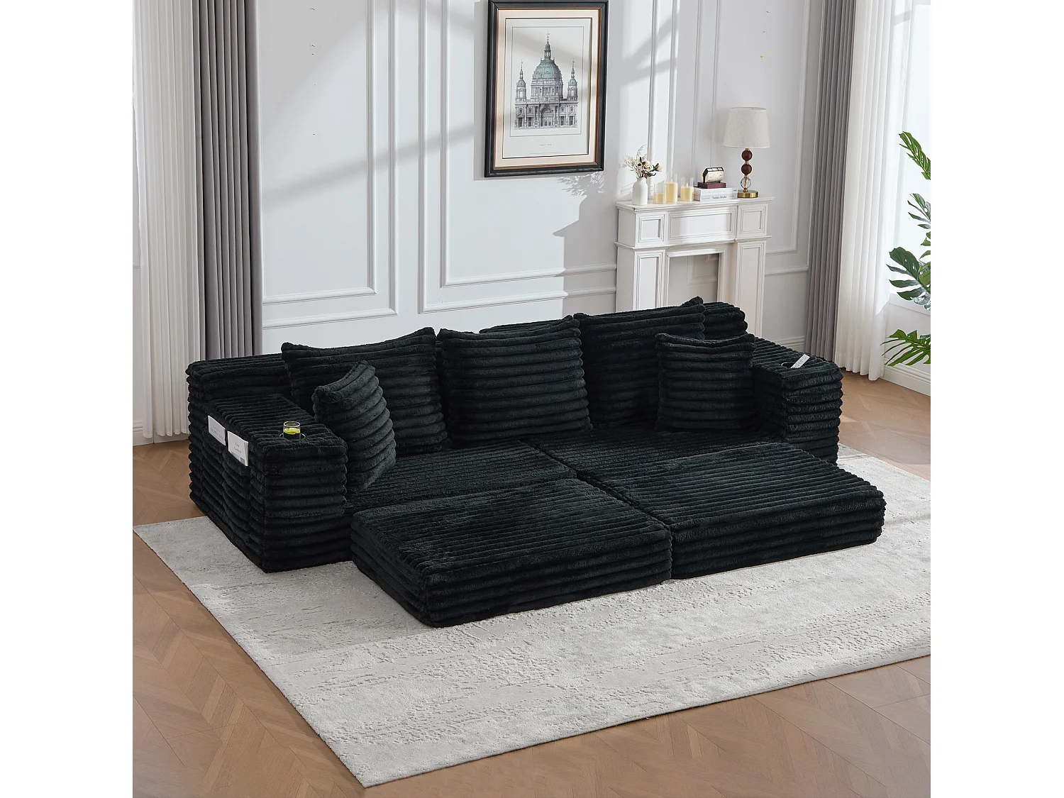Modulares 2-Sitzer-Sofa aus Cord – 107 x 38 x 34 cm – mit Kissen, Taschen und Getränkehaltern – schwarz