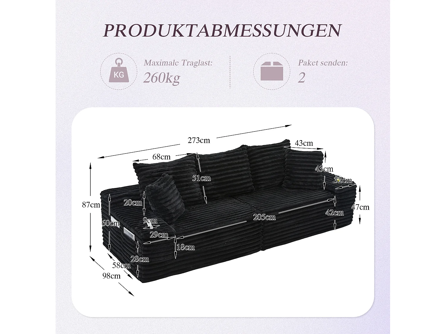 Modulares 2-Sitzer-Sofa aus Cord – 107 x 38 x 34 cm – mit Kissen, Taschen und Getränkehaltern – schwarz