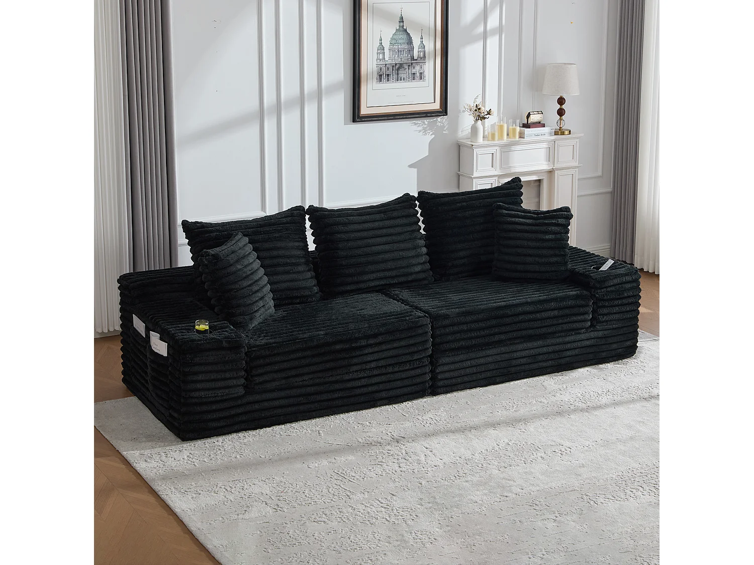 Modulares 2-Sitzer-Sofa aus Cord – 107 x 38 x 34 cm – mit Kissen, Taschen und Getränkehaltern – schwarz