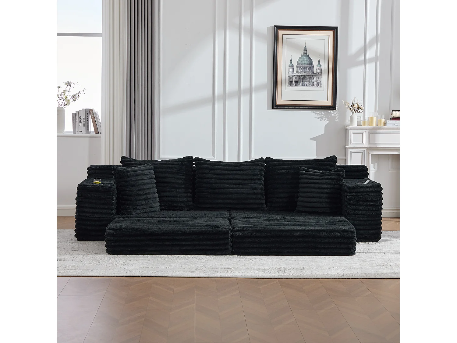 Modulares 2-Sitzer-Sofa aus Cord – 107 x 38 x 34 cm – mit Kissen, Taschen und Getränkehaltern – schwarz