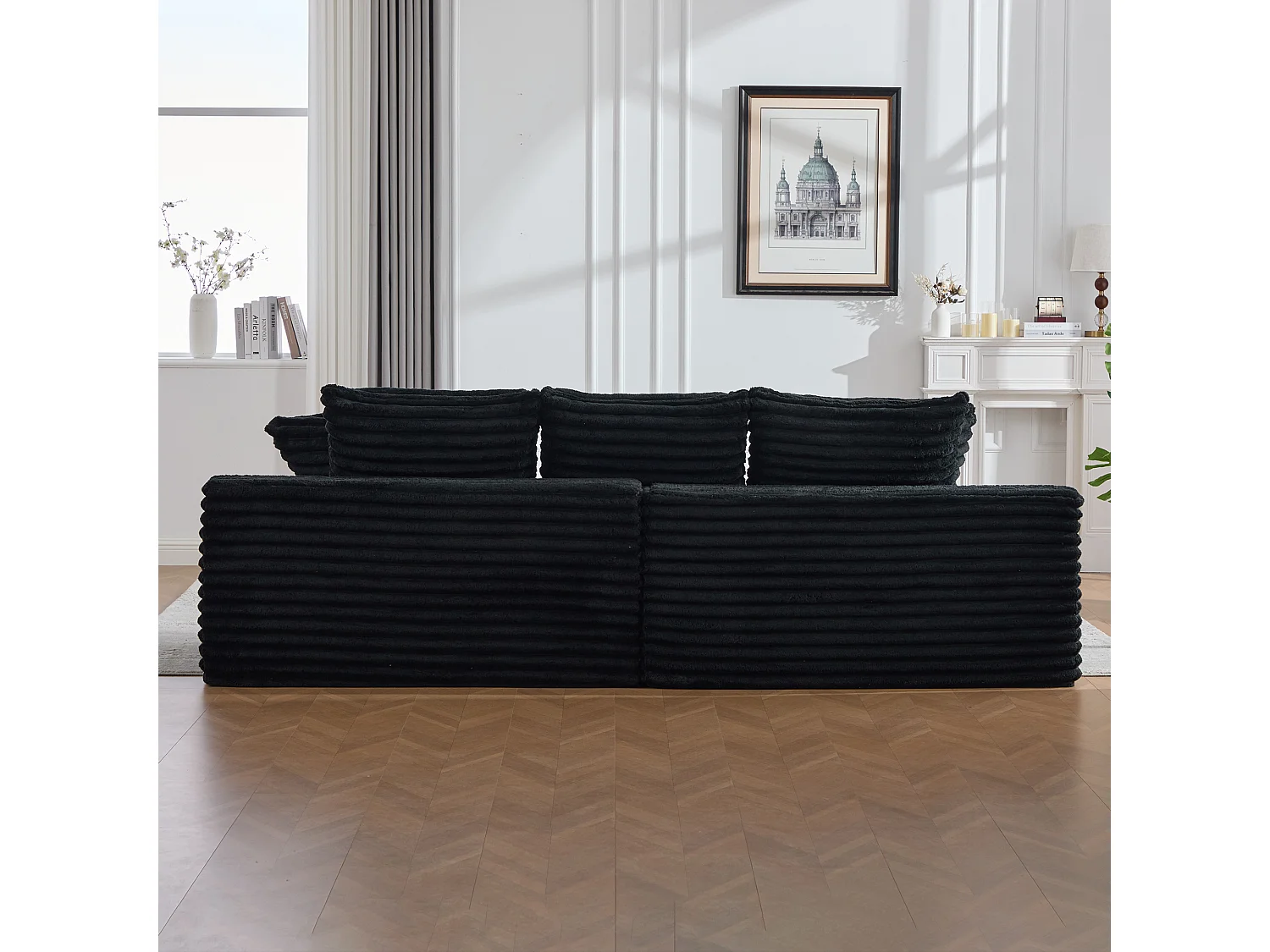 Modulares 2-Sitzer-Sofa aus Cord – 107 x 38 x 34 cm – mit Kissen, Taschen und Getränkehaltern – schwarz