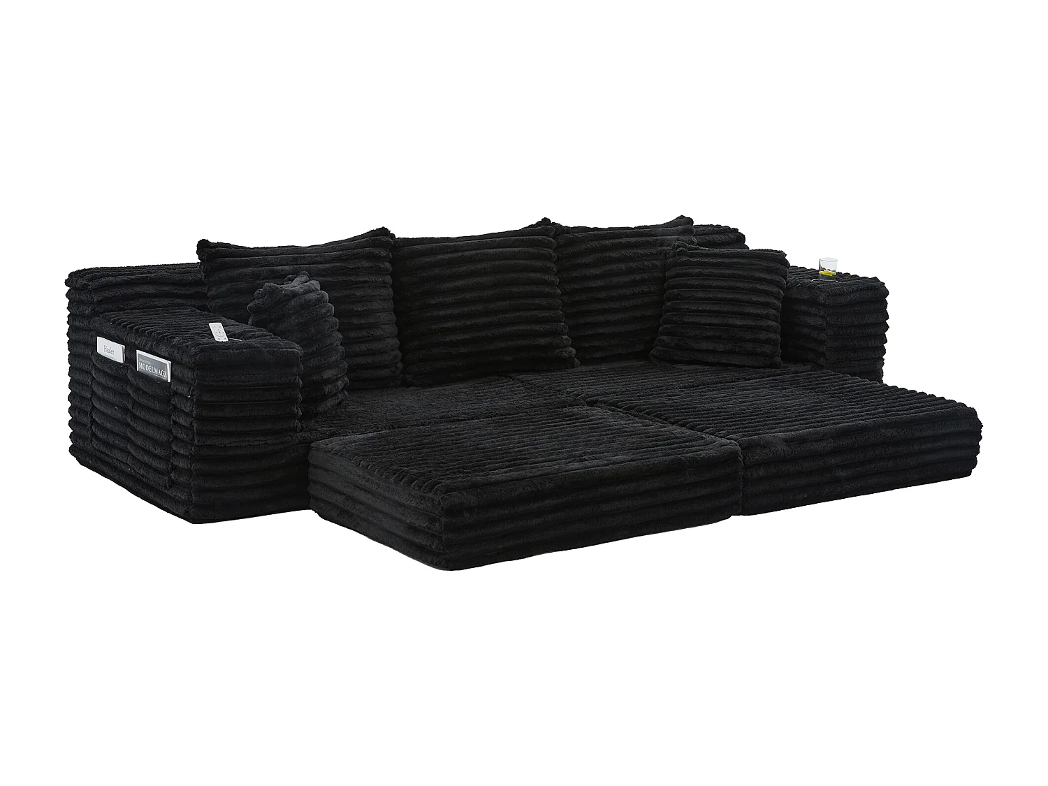 Modulares 2-Sitzer-Sofa aus Cord – 107 x 38 x 34 cm – mit Kissen, Taschen und Getränkehaltern – schwarz