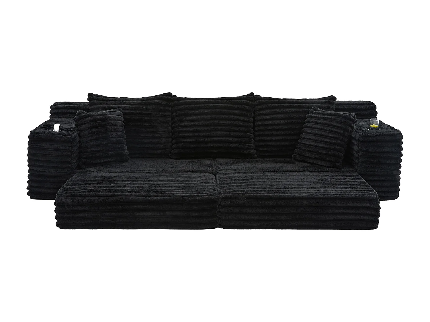 Modulares 2-Sitzer-Sofa aus Cord – 107 x 38 x 34 cm – mit Kissen, Taschen und Getränkehaltern – schwarz