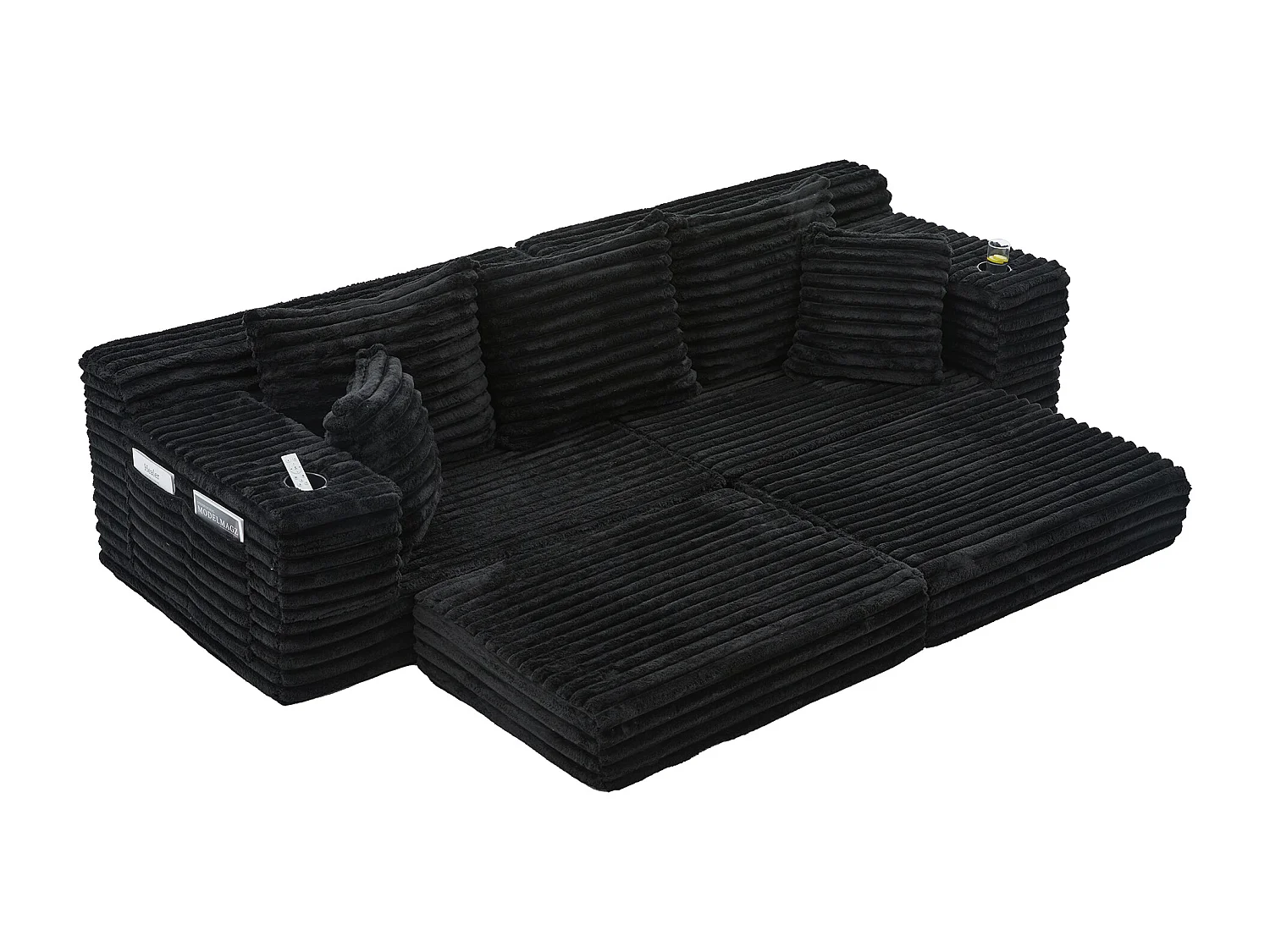 Modulares 2-Sitzer-Sofa aus Cord – 107 x 38 x 34 cm – mit Kissen, Taschen und Getränkehaltern – schwarz