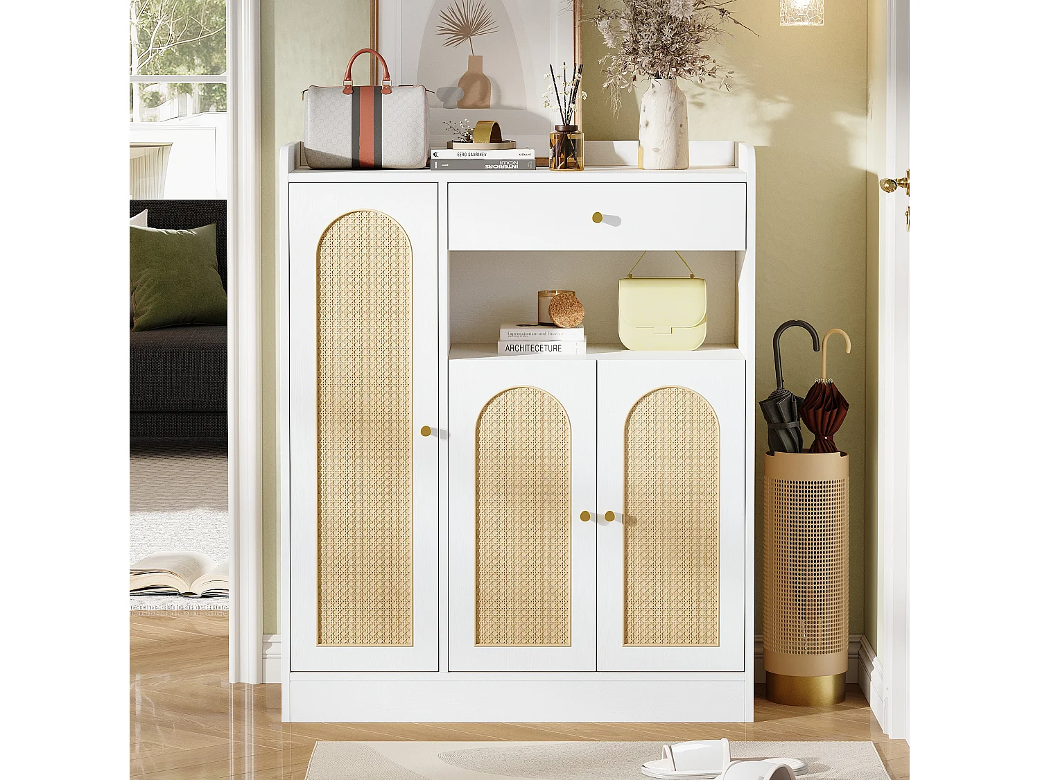 Rattan-Schuhschrank für den Eingangsbereich – 90 x 35 x 110 cm – mit 1 Schublade, 3 Türen und Einlegeböden – MDF und Spanplatte – natur