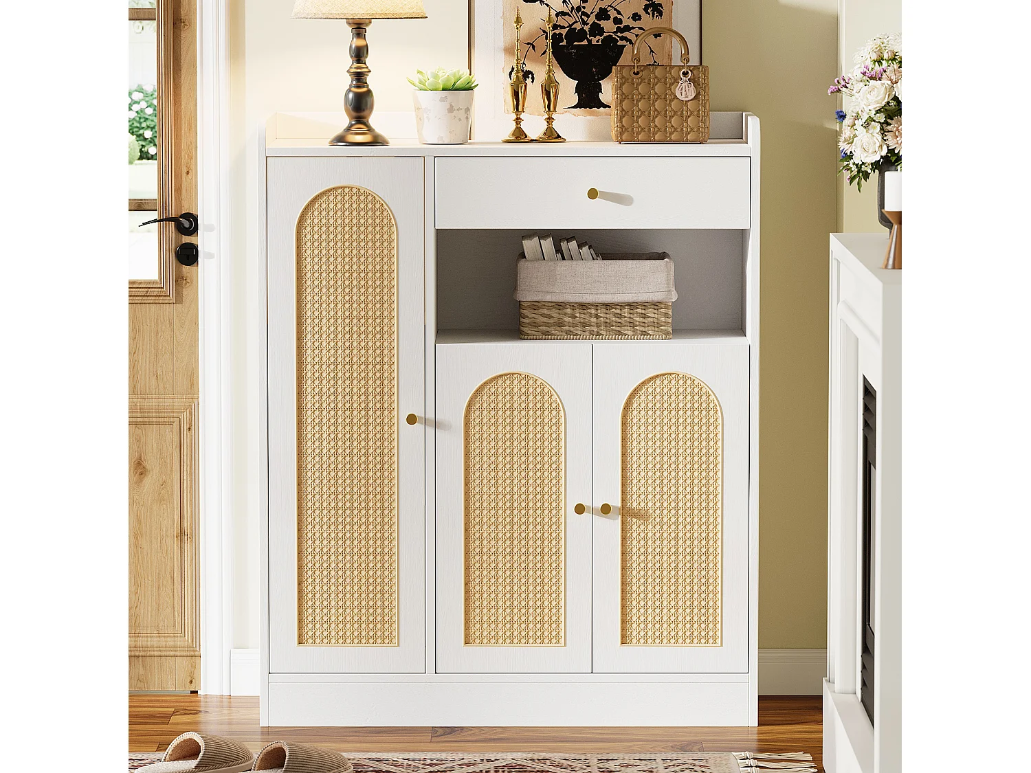 Rattan-Schuhschrank für den Eingangsbereich – 90 x 35 x 110 cm – mit 1 Schublade, 3 Türen und Einlegeböden – MDF und Spanplatte – natur