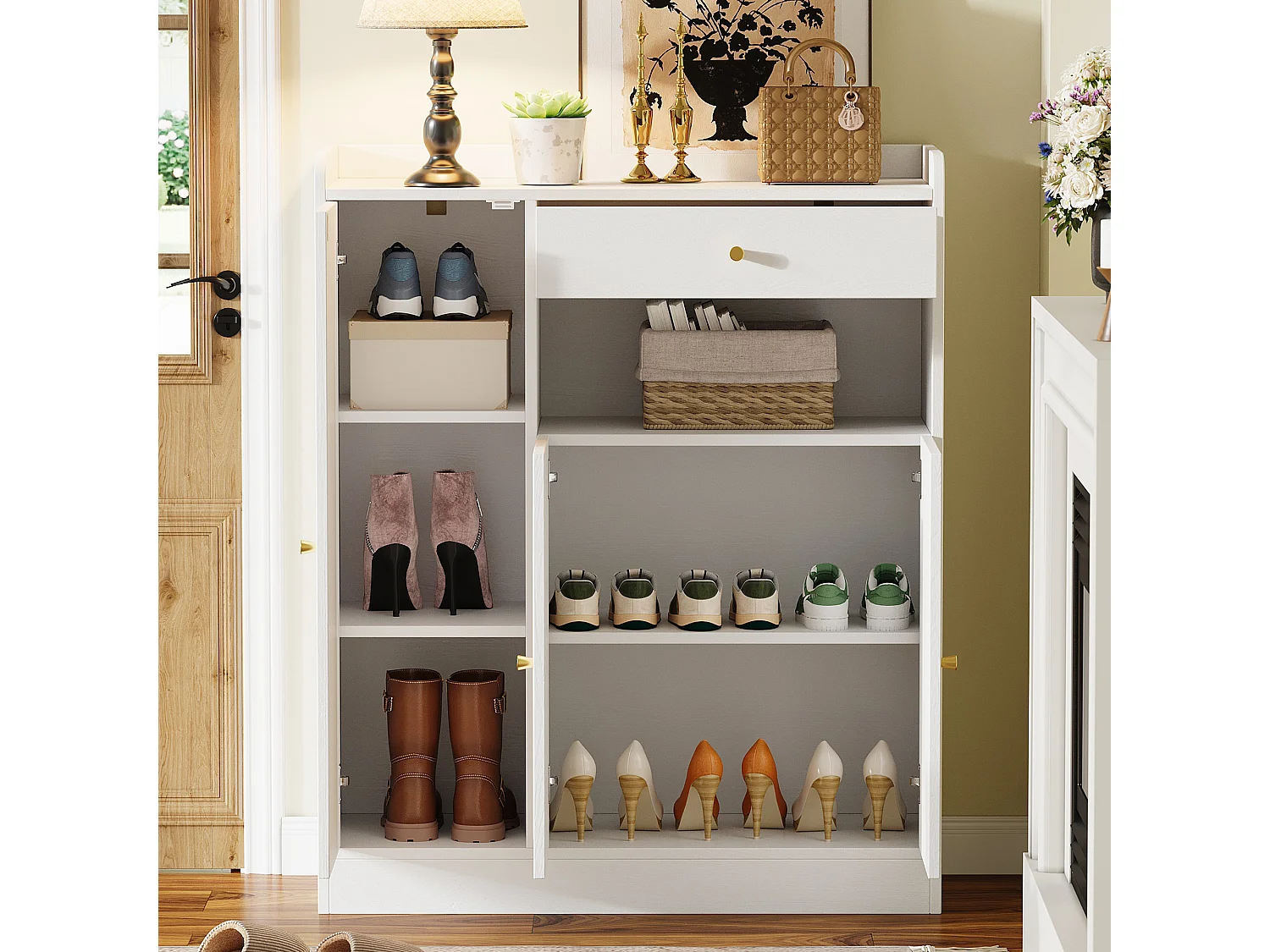 Rattan-Schuhschrank für den Eingangsbereich – 90 x 35 x 110 cm – mit 1 Schublade, 3 Türen und Einlegeböden – MDF und Spanplatte – natur