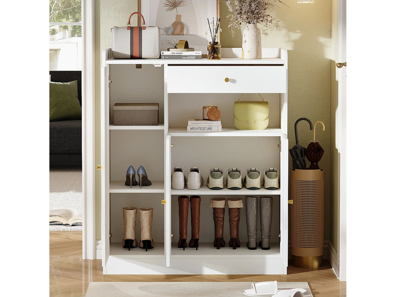 Rattan-Schuhschrank für den Eingangsbereich – 90 x 35 x 110 cm – mit 1 Schublade, 3 Türen und Einlegeböden – MDF und Spanplatte – natur