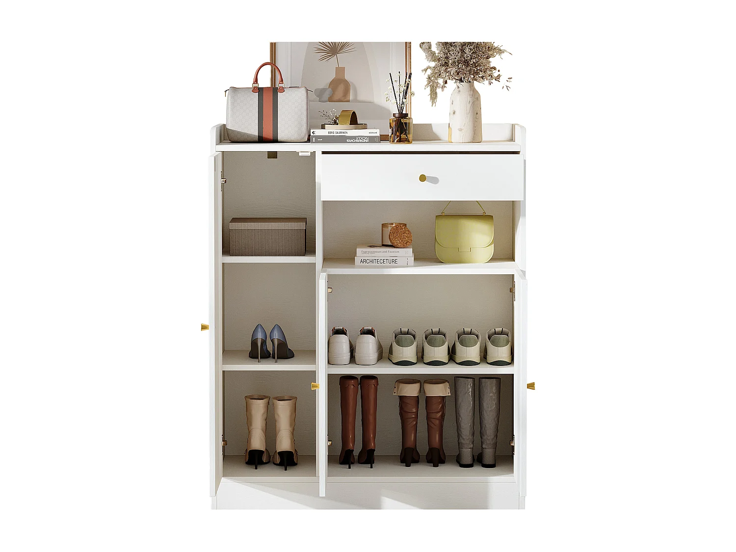 Rattan-Schuhschrank für den Eingangsbereich – 90 x 35 x 110 cm – mit 1 Schublade, 3 Türen und Einlegeböden – MDF und Spanplatte – natur