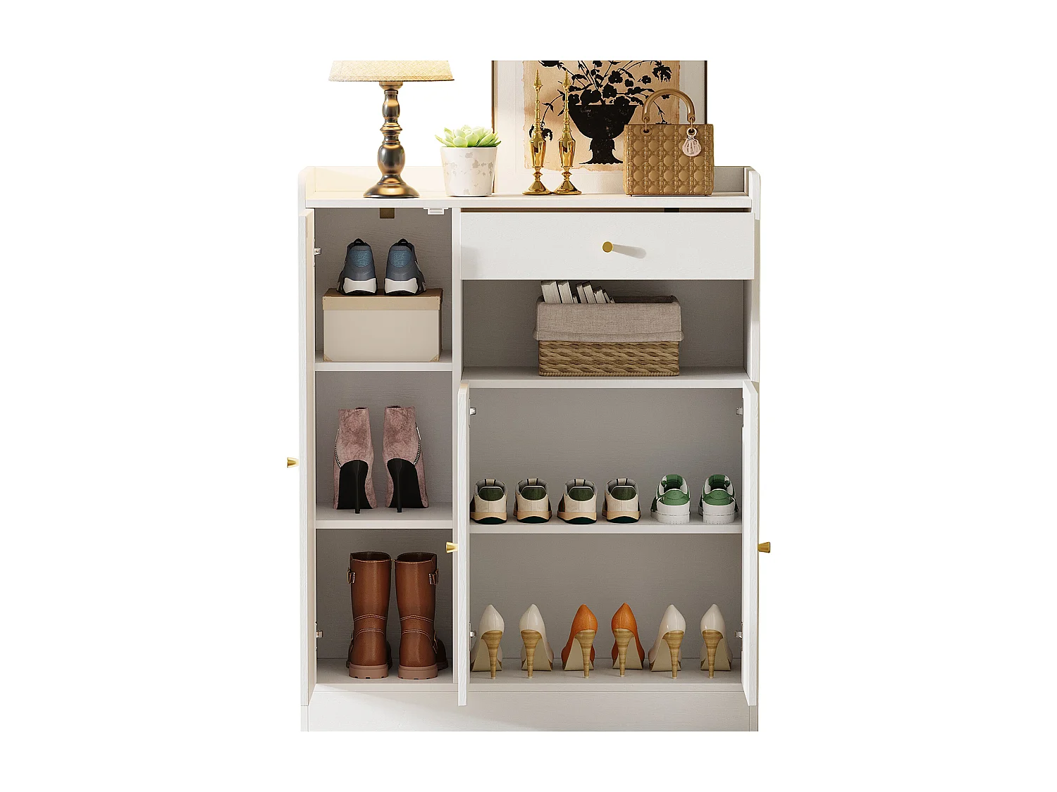 Rattan-Schuhschrank für den Eingangsbereich – 90 x 35 x 110 cm – mit 1 Schublade, 3 Türen und Einlegeböden – MDF und Spanplatte – natur