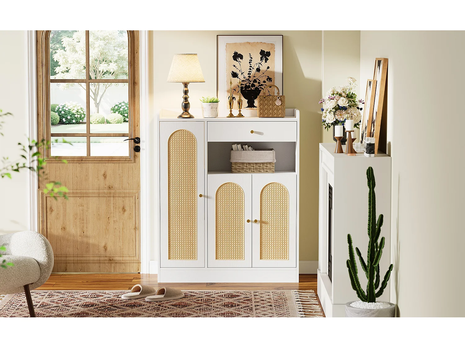 Rattan-Schuhschrank für den Eingangsbereich – 90 x 35 x 110 cm – mit 1 Schublade, 3 Türen und Einlegeböden – MDF und Spanplatte – natur