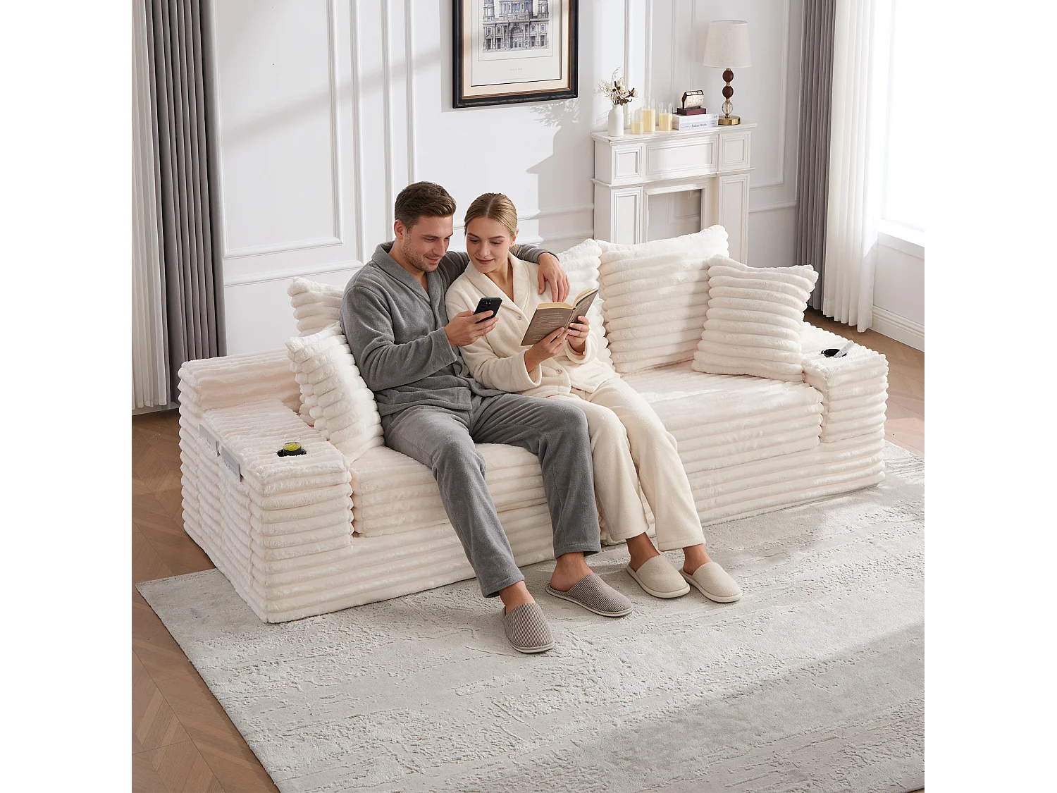 Modulares 2-Sitzer-Sofa aus Cord – 107 x 38 x 34 cm – mit Kissen, Taschen und Getränkehaltern – beige