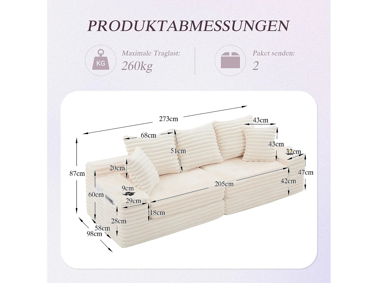 Modulares 2-Sitzer-Sofa aus Cord – 107 x 38 x 34 cm – mit Kissen, Taschen und Getränkehaltern – beige