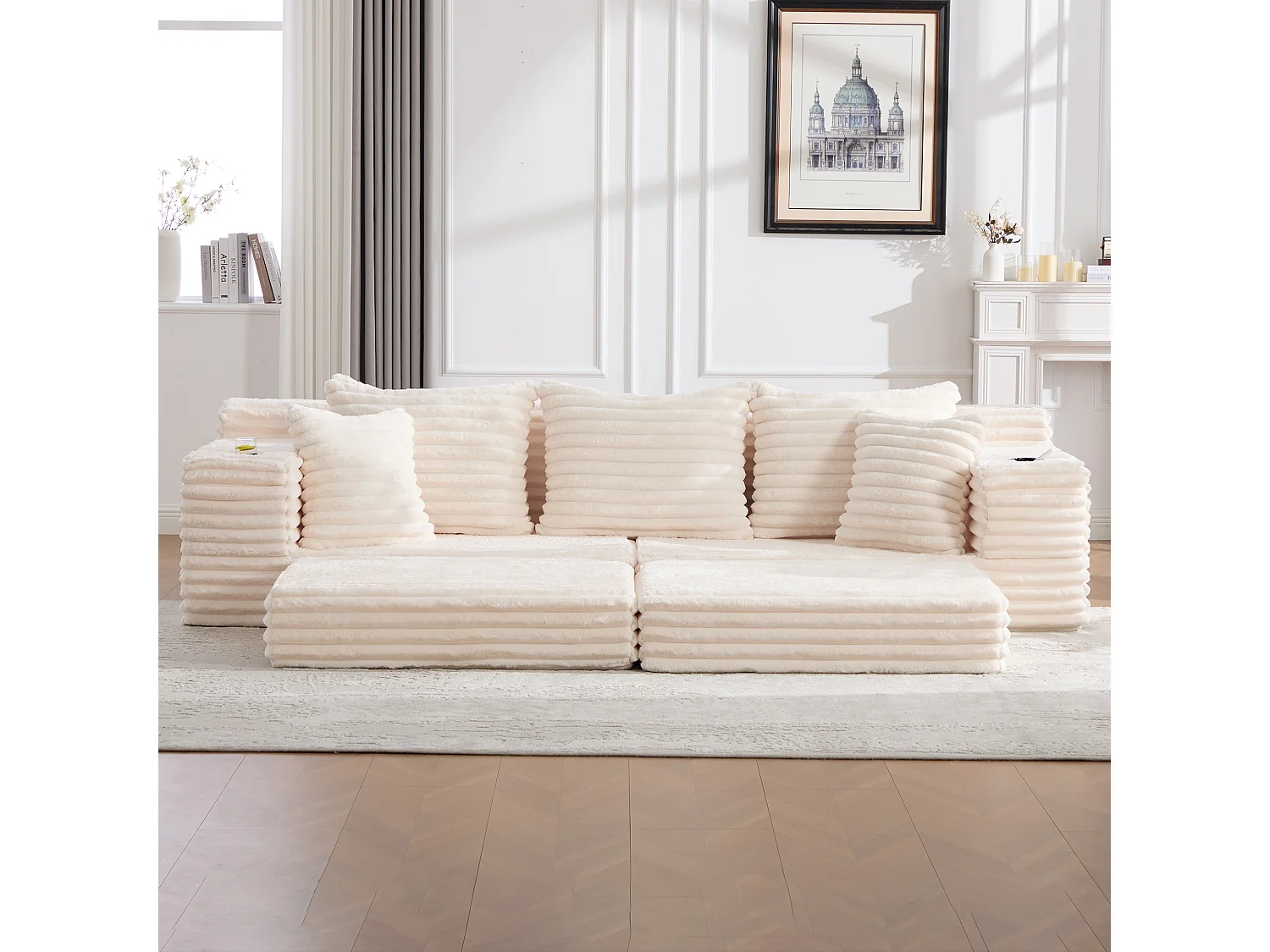 Modulares 2-Sitzer-Sofa aus Cord – 107 x 38 x 34 cm – mit Kissen, Taschen und Getränkehaltern – beige