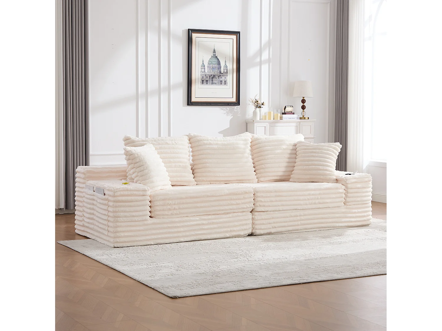 Modulares 2-Sitzer-Sofa aus Cord – 107 x 38 x 34 cm – mit Kissen, Taschen und Getränkehaltern – beige