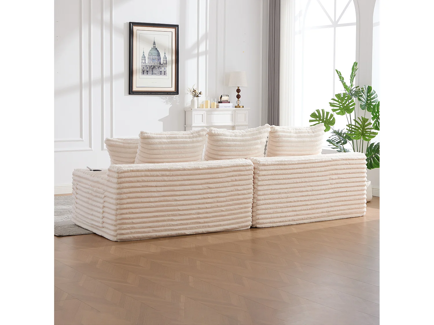 Modulares 2-Sitzer-Sofa aus Cord – 107 x 38 x 34 cm – mit Kissen, Taschen und Getränkehaltern – beige