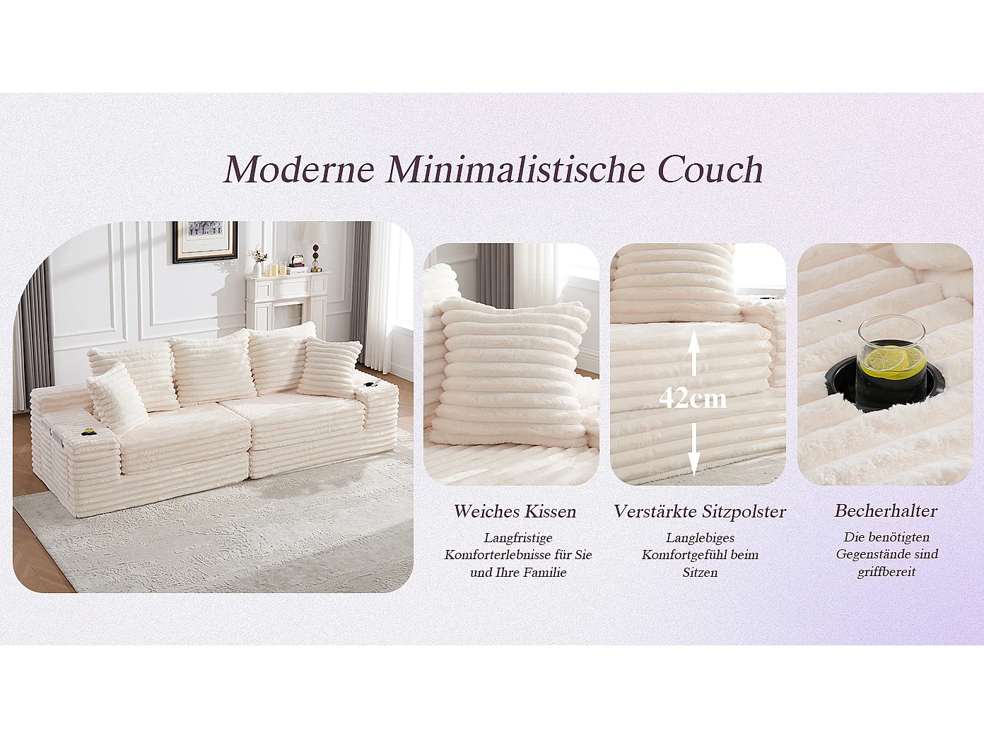Modulares 2-Sitzer-Sofa aus Cord – 107 x 38 x 34 cm – mit Kissen, Taschen und Getränkehaltern – beige