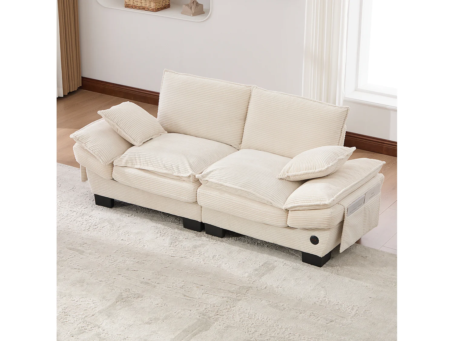 Zweisitzer-Cordsofa – 190 x 73 x 84 cm – mit USB-Anschluss und Taschen – Schaumstoffpolsterung – beige