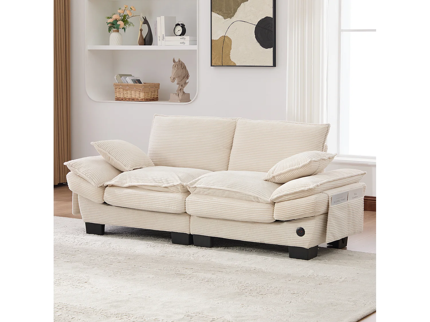 Zweisitzer-Cordsofa – 190 x 73 x 84 cm – mit USB-Anschluss und Taschen – Schaumstoffpolsterung – beige