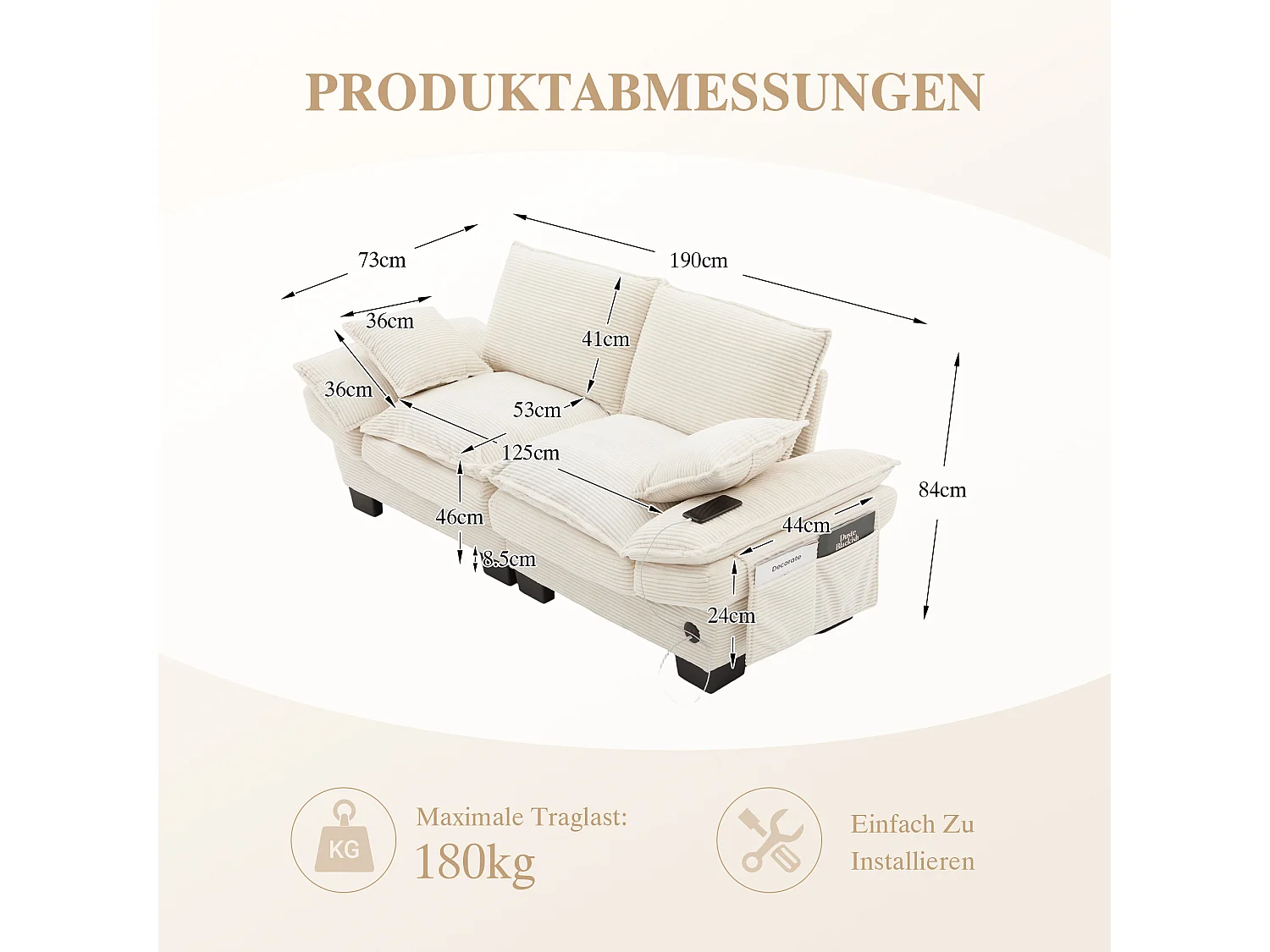 Zweisitzer-Cordsofa – 190 x 73 x 84 cm – mit USB-Anschluss und Taschen – Schaumstoffpolsterung – beige