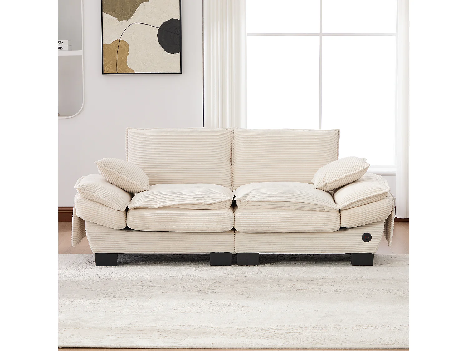 Zweisitzer-Cordsofa – 190 x 73 x 84 cm – mit USB-Anschluss und Taschen – Schaumstoffpolsterung – beige