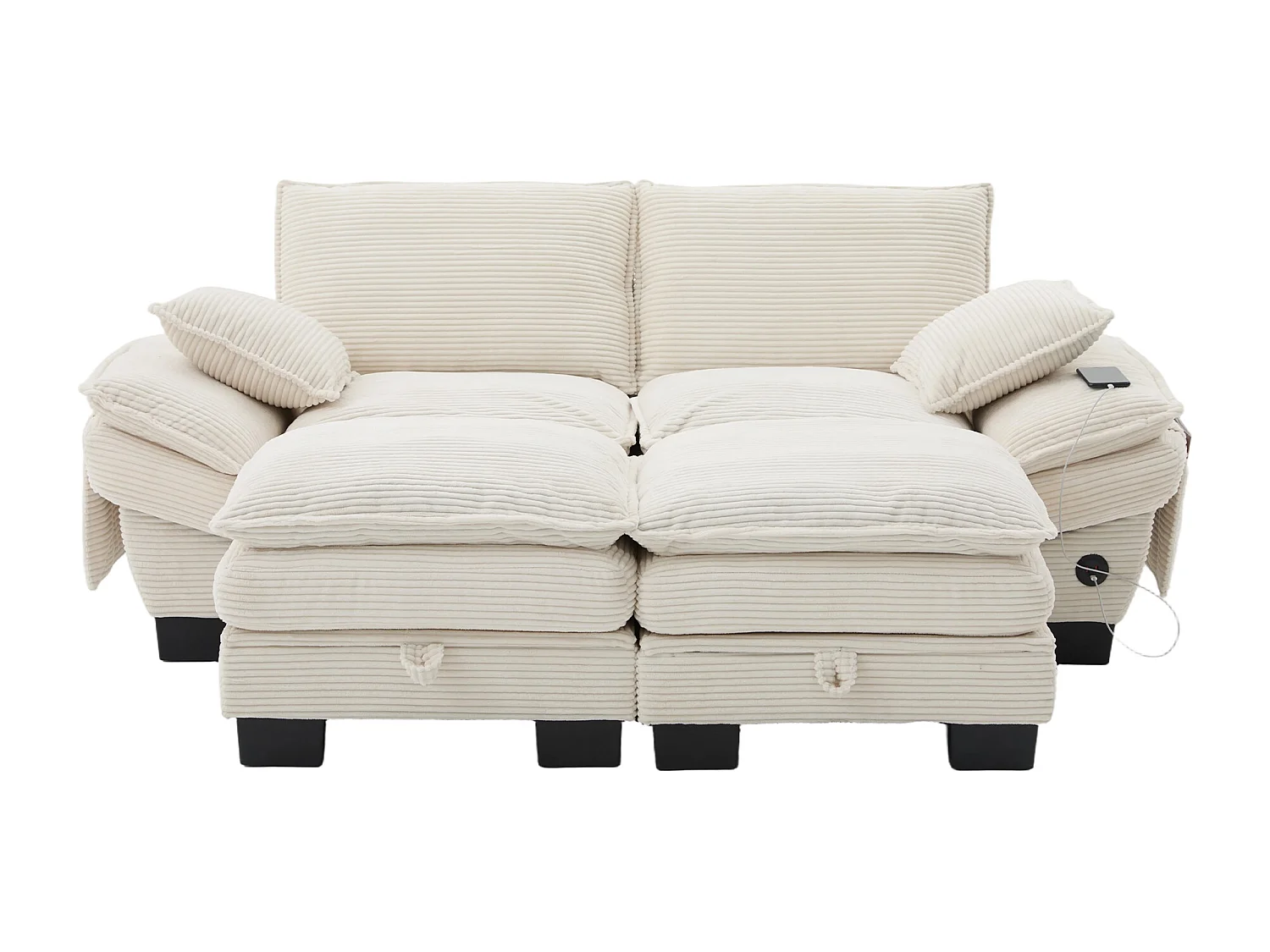 Zweisitzer-Cordsofa – 190 x 73 x 84 cm – mit USB-Anschluss und Taschen – Schaumstoffpolsterung – beige