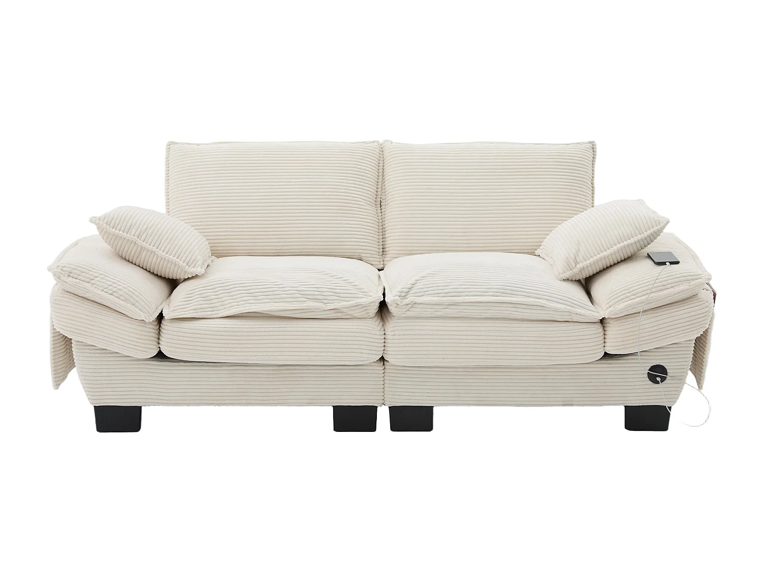 Zweisitzer-Cordsofa – 190 x 73 x 84 cm – mit USB-Anschluss und Taschen – Schaumstoffpolsterung – beige