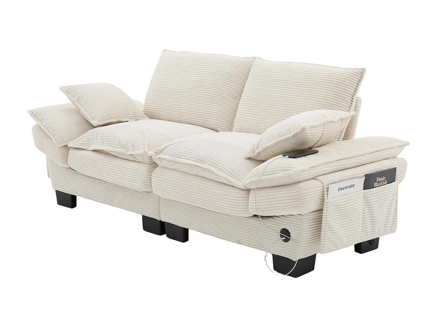 Zweisitzer-Cordsofa – 190 x 73 x 84 cm – mit USB-Anschluss und Taschen – Schaumstoffpolsterung – beige