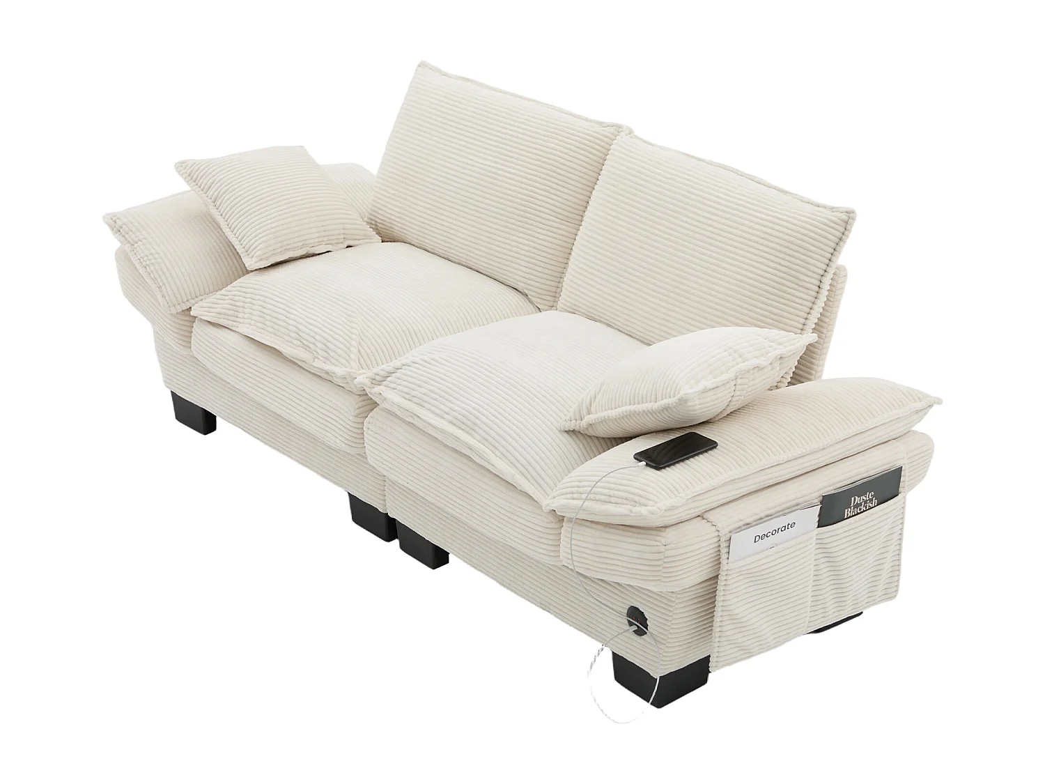 Zweisitzer-Cordsofa – 190 x 73 x 84 cm – mit USB-Anschluss und Taschen – Schaumstoffpolsterung – beige