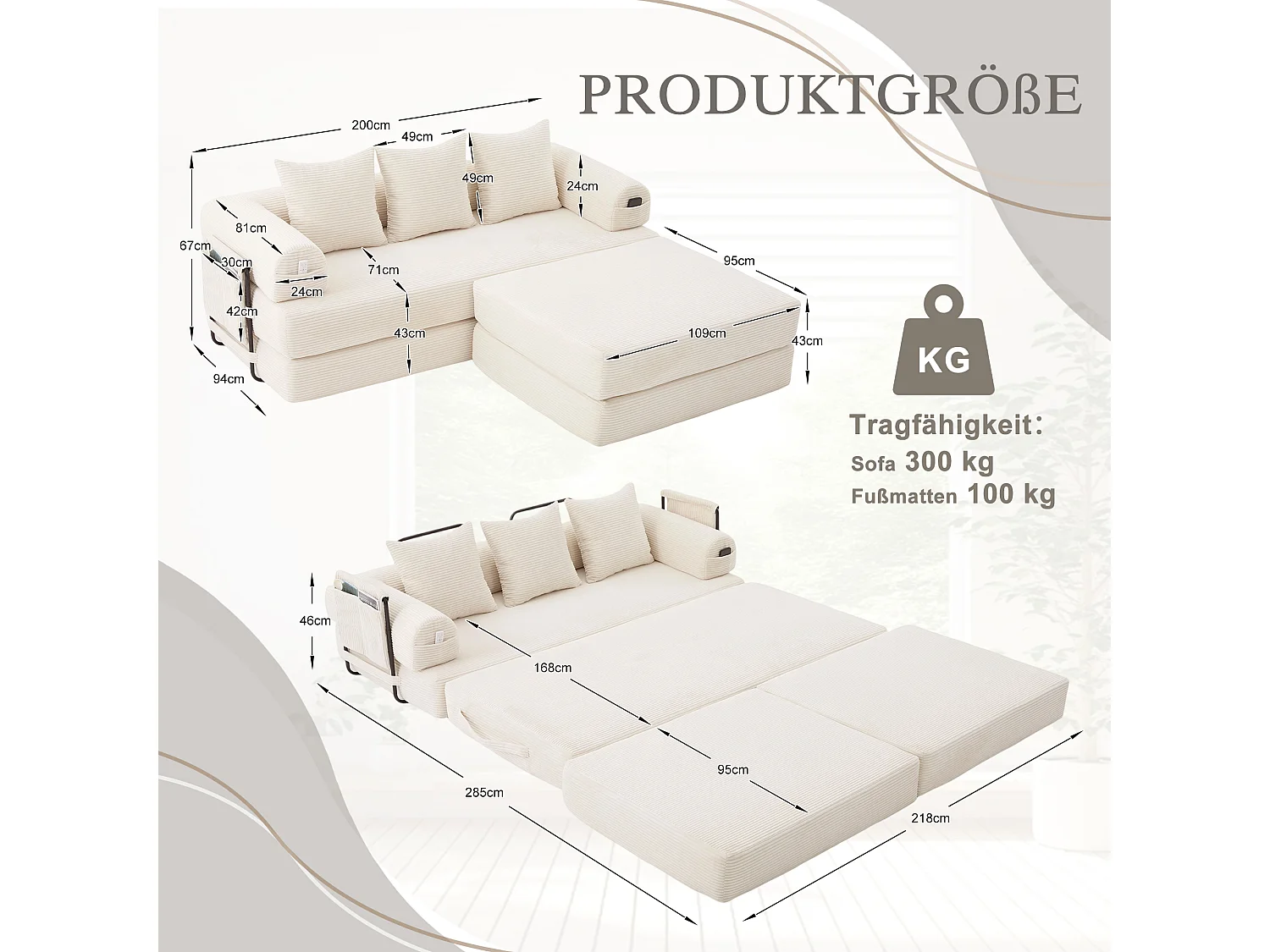 Modulaire 3-zitsbank - 200 x 190 x 67 cm - met 3 kussens + zijvak - corduroy - beige