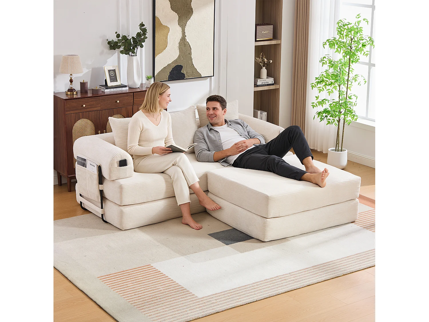 Modulaire 3-zitsbank - 200 x 190 x 67 cm - met 3 kussens + zijvak - corduroy - beige