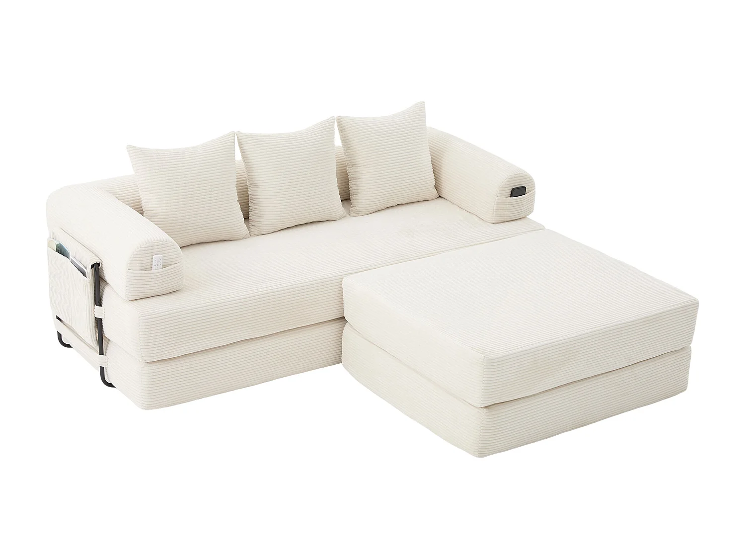 Modulaire 3-zitsbank - 200 x 190 x 67 cm - met 3 kussens + zijvak - corduroy - beige