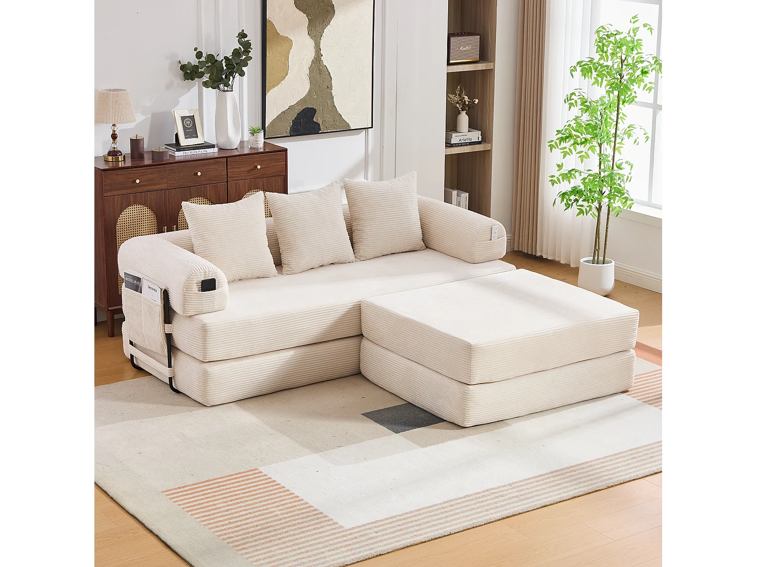 Modulaire 3-zitsbank - 200 x 190 x 67 cm - met 3 kussens + zijvak - corduroy - beige