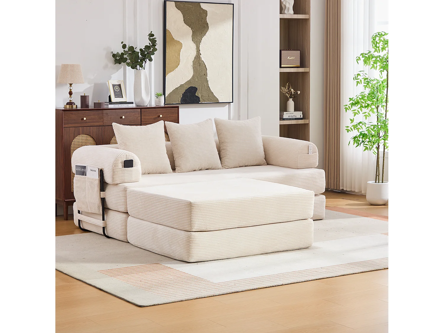 Modulaire 3-zitsbank - 200 x 190 x 67 cm - met 3 kussens + zijvak - corduroy - beige