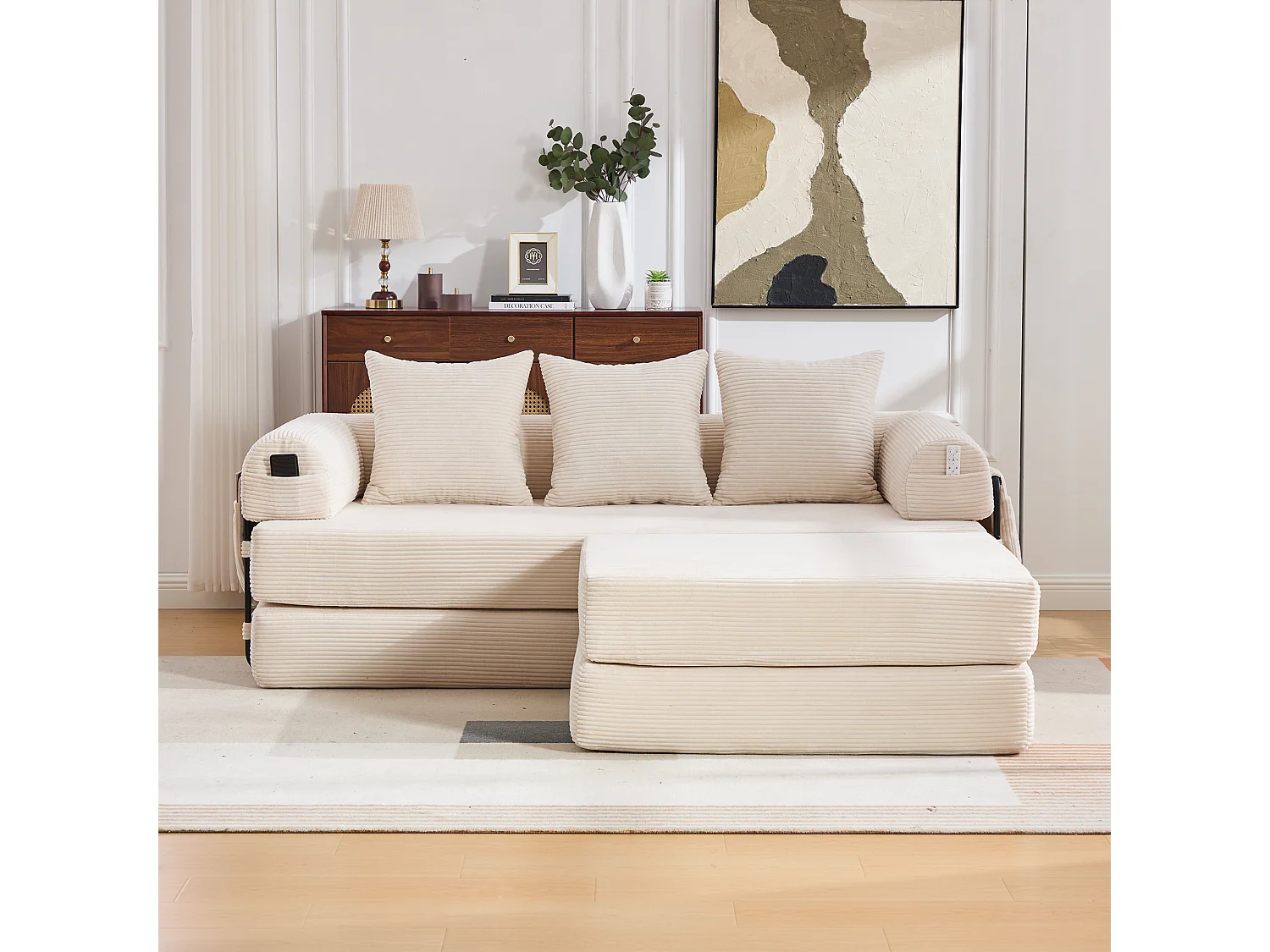 Modulaire 3-zitsbank - 200 x 190 x 67 cm - met 3 kussens + zijvak - corduroy - beige