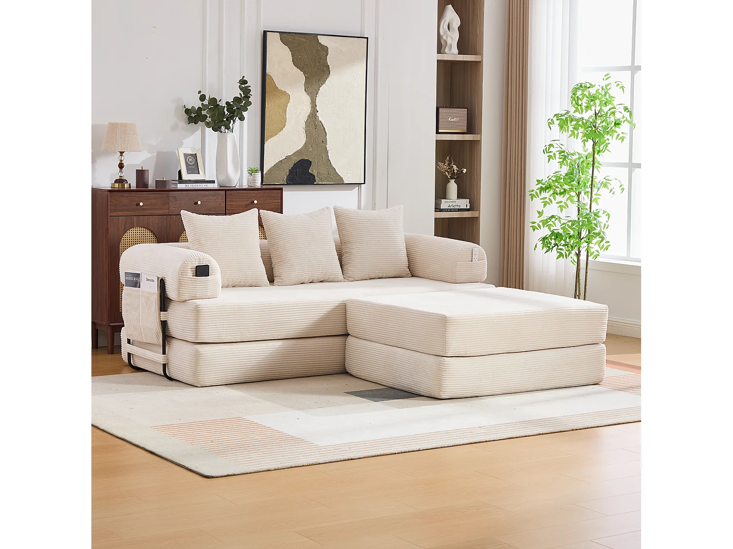 Modulaire 3-zitsbank - 200 x 190 x 67 cm - met 3 kussens + zijvak - corduroy - beige