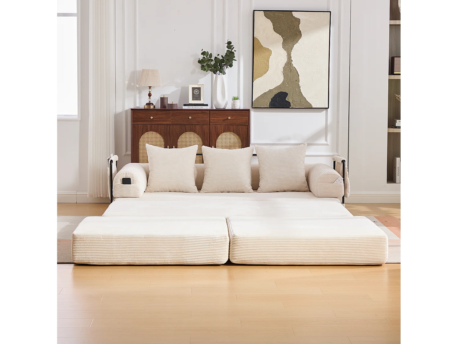 Modulaire 3-zitsbank - 200 x 190 x 67 cm - met 3 kussens + zijvak - corduroy - beige