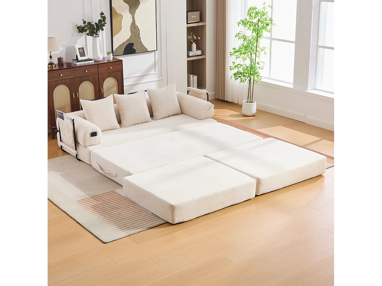 Modulaire 3-zitsbank - 200 x 190 x 67 cm - met 3 kussens + zijvak - corduroy - beige