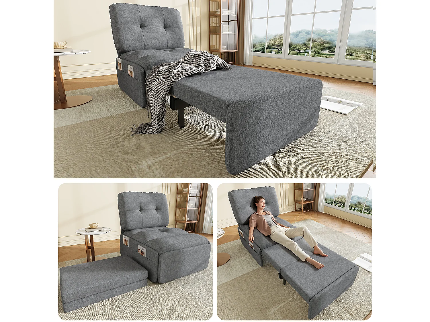 Canapé convertible moderne 2 en 1 - 195 x 81.5 x 90 cm - canapé-lit gigogne avec coussin - lin - gris