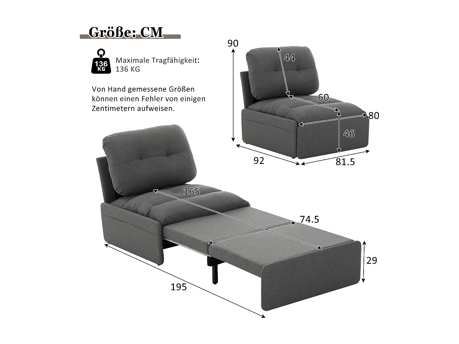 Canapé convertible moderne 2 en 1 - 195 x 81.5 x 90 cm - canapé-lit gigogne avec coussin - lin - gris